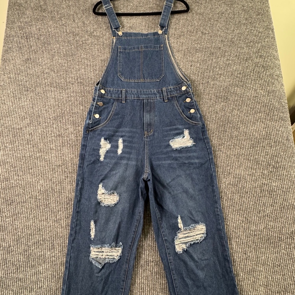 Distressed Denim‎ Overalls Womens XS Medium Wash Adjustable Y2K Grunge Festival